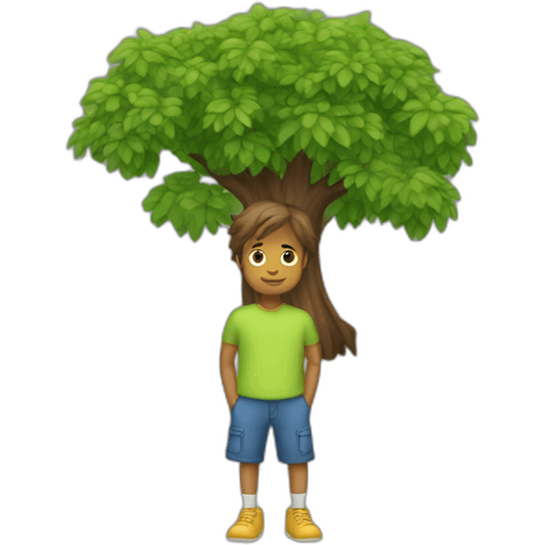 Un garçon aux cheveux long qui se cache derrière un arbre emoji