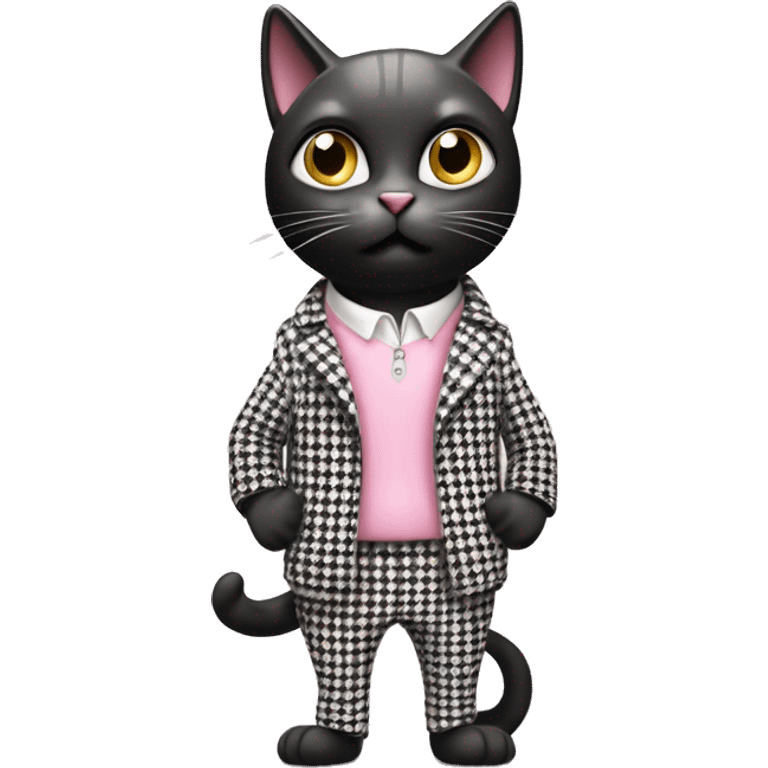 Draw a cute cartoon black cat standing in a stylish black and white houndstooth jacket and light pink pants. The cat has a surprised or concerned expression with wide-open eyes and a downturned mouth against a white background. emoji