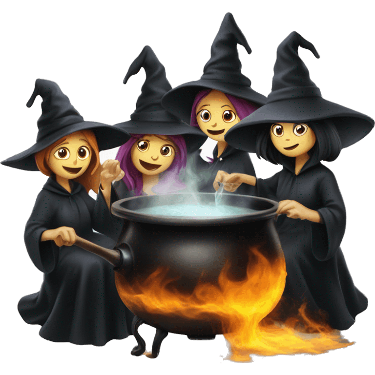 Three witches brewing a potion over a boiling black pot emoji