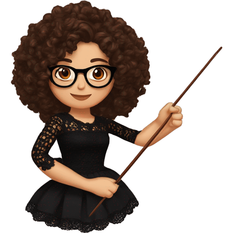 Hispanic woman with chocolate brown curly hair,cateye black glasses, brown eyes, holding a crochet hook in one hand and yarn in the other hand, wearing a black lace shirt emoji