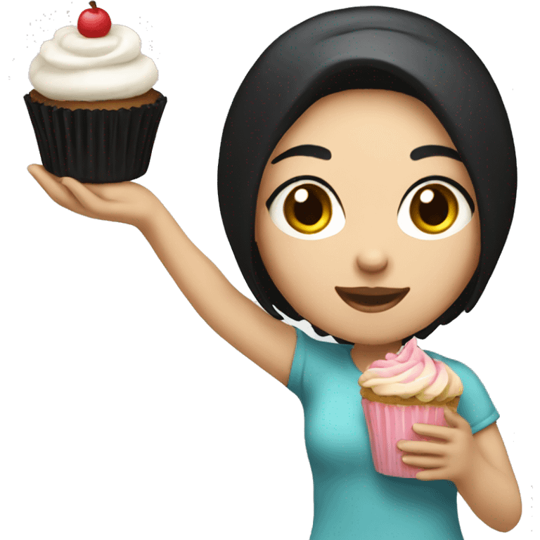 A girl with white skin black hair holding a cupcake emoji