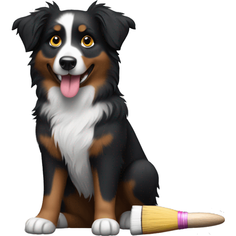 Small black australian shepherd dog with paintbrush  emoji