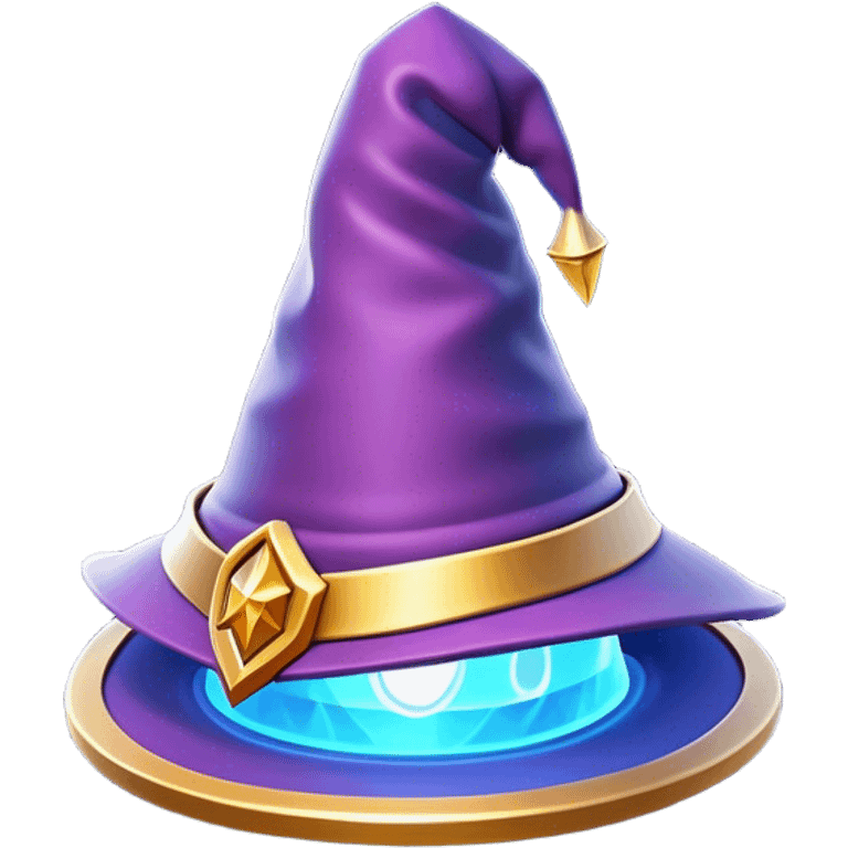 Clash of Clans aesthetic: Cinematic Playful Wizard's Hat Emoji, rendered in a 3D vector-style similar to standard emojis with minimal shading and bold, simplified shapes. A compact, isometric pointy hat with a wide brim adorned with mystical symbols and subtle enchanted shimmer, softly glowing with a magical whimsical charm. Simplified yet unmistakably iconic, highly detailed and consistent, glowing with a soft radiant glow and high shine. Stylized with a touch of classic sorcery and a soft glowing outline, capturing the essence of a legendary wizard’s hat with a friendly, playful manner! emoji