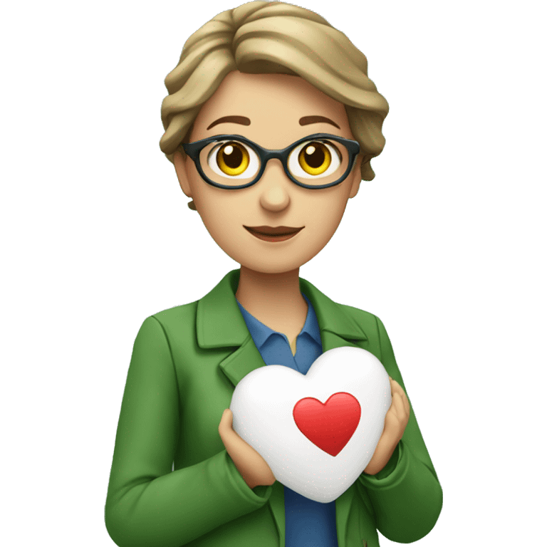 A European female teacher in a green jacket holds a heart in her hands emoji