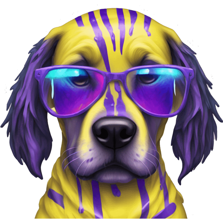 .Zombie_ Vaporwave black holographic oilslick zombie yellow Labrador zombie dog yellow caution tape graffiti stripes iridescent blue purple mane yellow stripes emoji