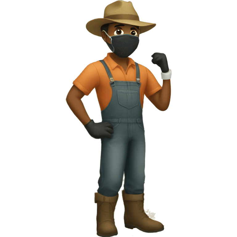 a black man farmer wearing a boots, gloves, goggles, hat, pants and mask. emoji