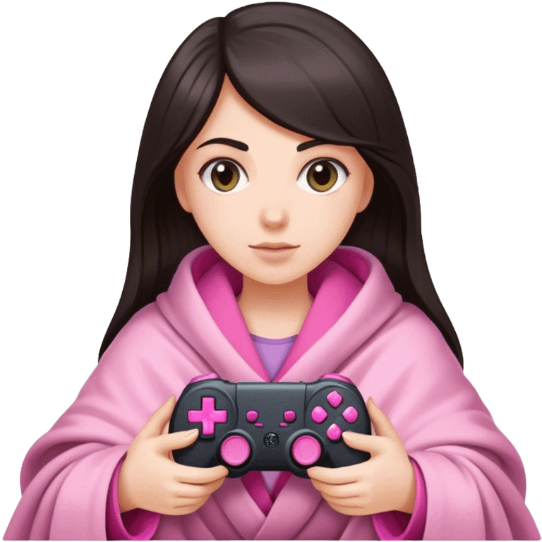 White girl with dark hair wrapped up in a blanket with a pink gaming controller in her hands emoji