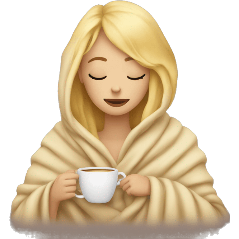 blonde girl inside a blanket sipping coffee eyes closed emoji