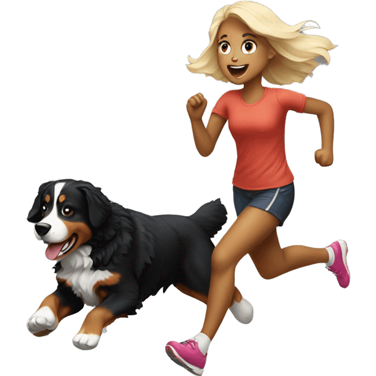 Blonde girl running after Bernese mountain dog emoji