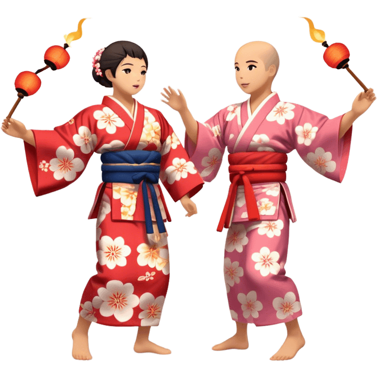 Cinematic Realistic scene of two performers engaging in Bon Odori, dressed in traditional yukata with intricate summer patterns, captured in graceful, rhythmic motion with warm, festive lighting emoji