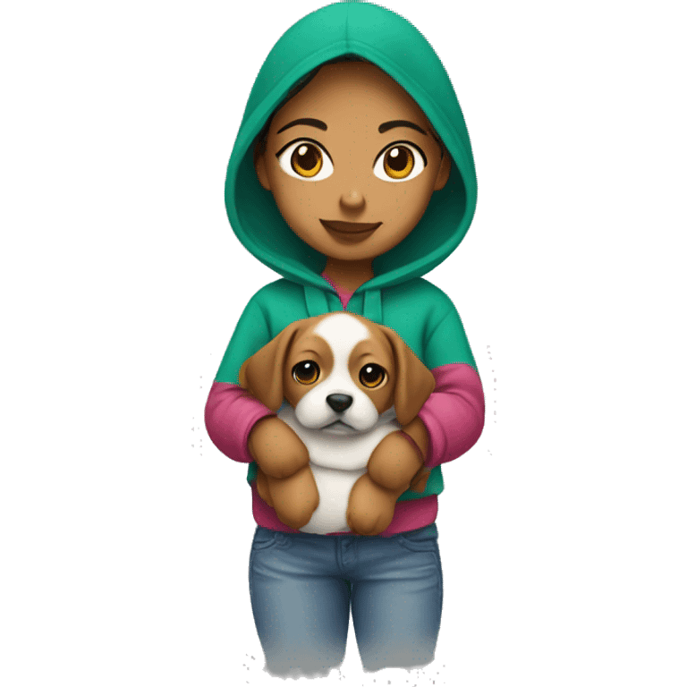 a mexican girl with a hoodie on holding a puppy emoji