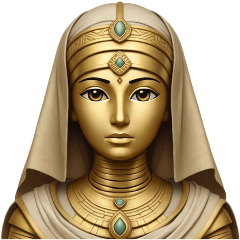 Cinematic Noble Mummy Portrait Emoji, Regal and timeless, with a meticulously wrapped, ancient form in muted earth tones accented by faded gold, exuding an air of forgotten majesty and solemn duty, simplified yet elegant with intricate bandage details, highly detailed and softly glowing, evoking the dignified mystery of an eternal sentinel guarding long-lost secrets! emoji