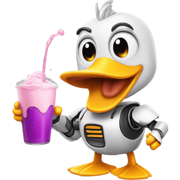 Robot duck drinking the grimace shake emoji