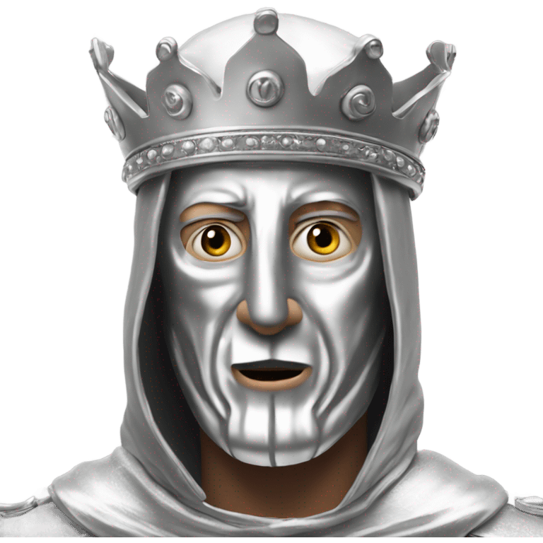 king baldwin IV in silver full face mask up with hands out emoji