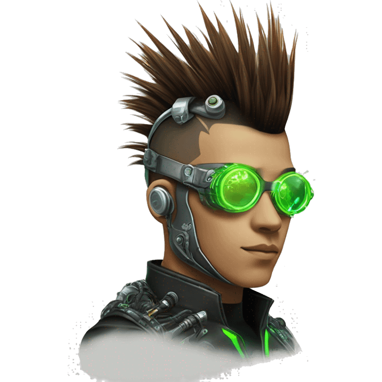 Mohawk hair with neon green highlights Asian male cyborg head with neon silver steampunk goggles and circuits emoji