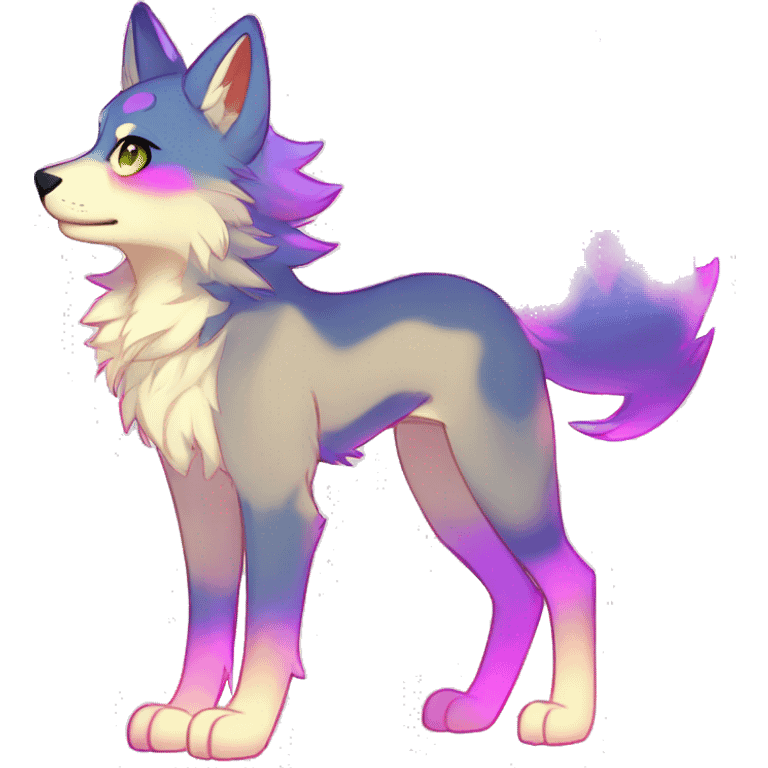 Anthro Colorful Shiny Fionbri-Falvie-sparkle-wolf-sona with neon markings full body emoji