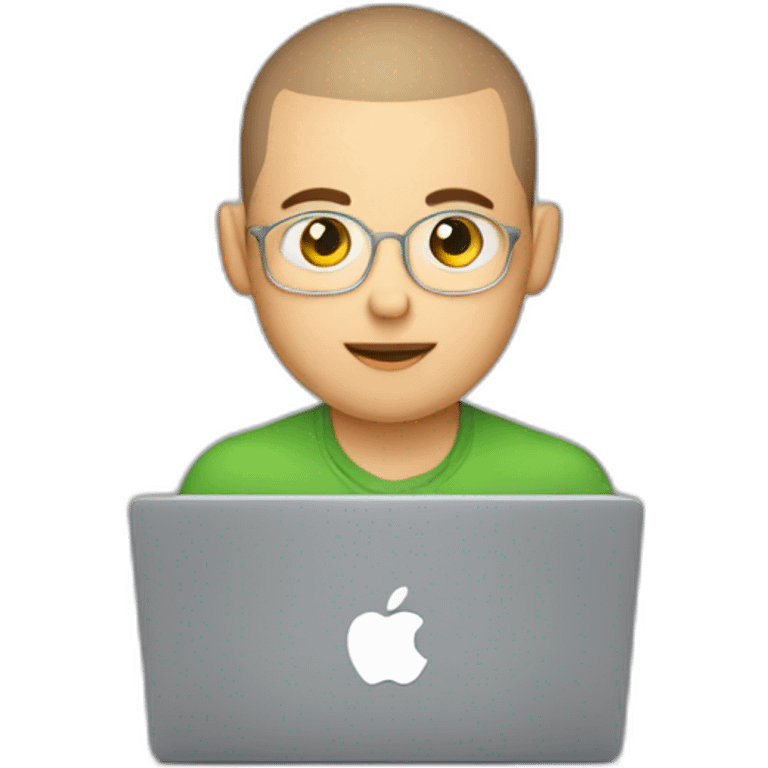 young software engineer buzz cut hair in front of laptop, apple-style emoji