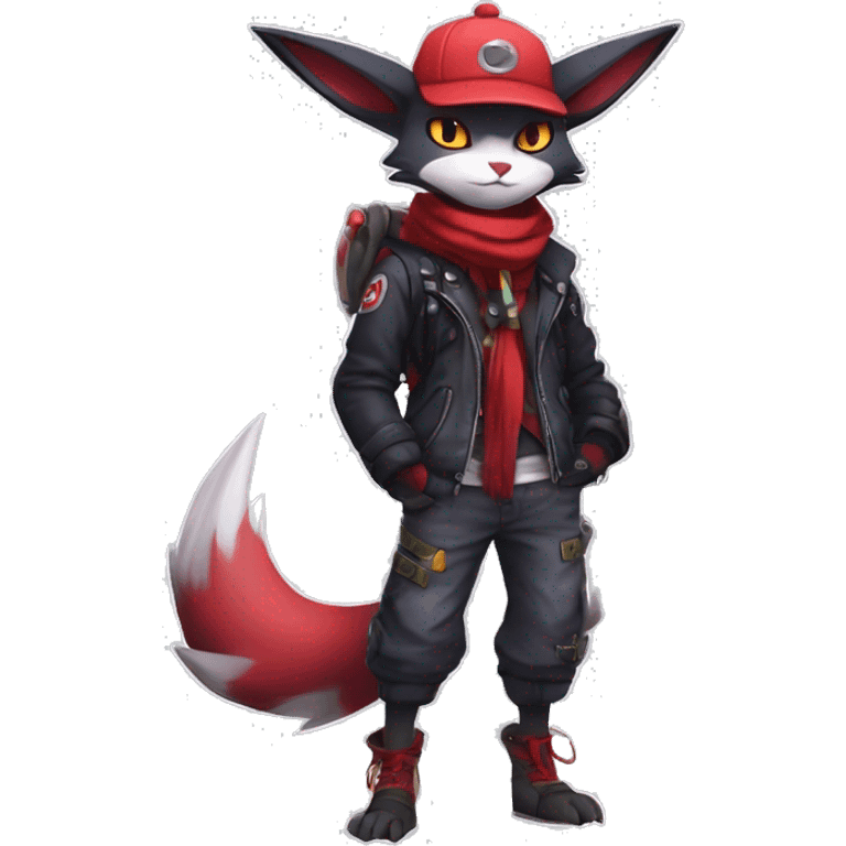 Cool Anthro Noibat-Zangoose-Quilava-Litten-Sphynx-Feline-Pokémon with red scarf punk techwear cool fiddler-hat Full Body emoji