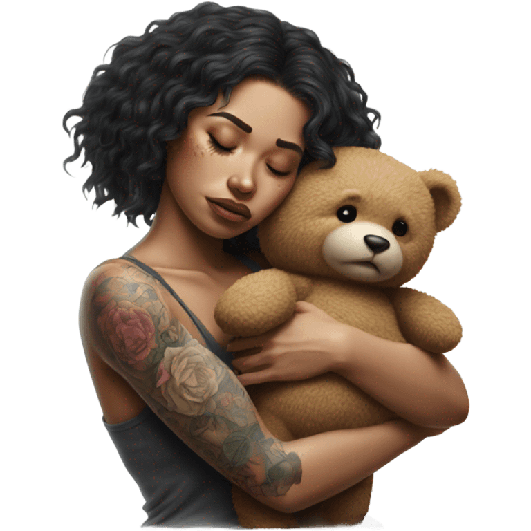 Hyper Realistic Beautiful tattooed woman crying lying hugging a Teddy bear emoji