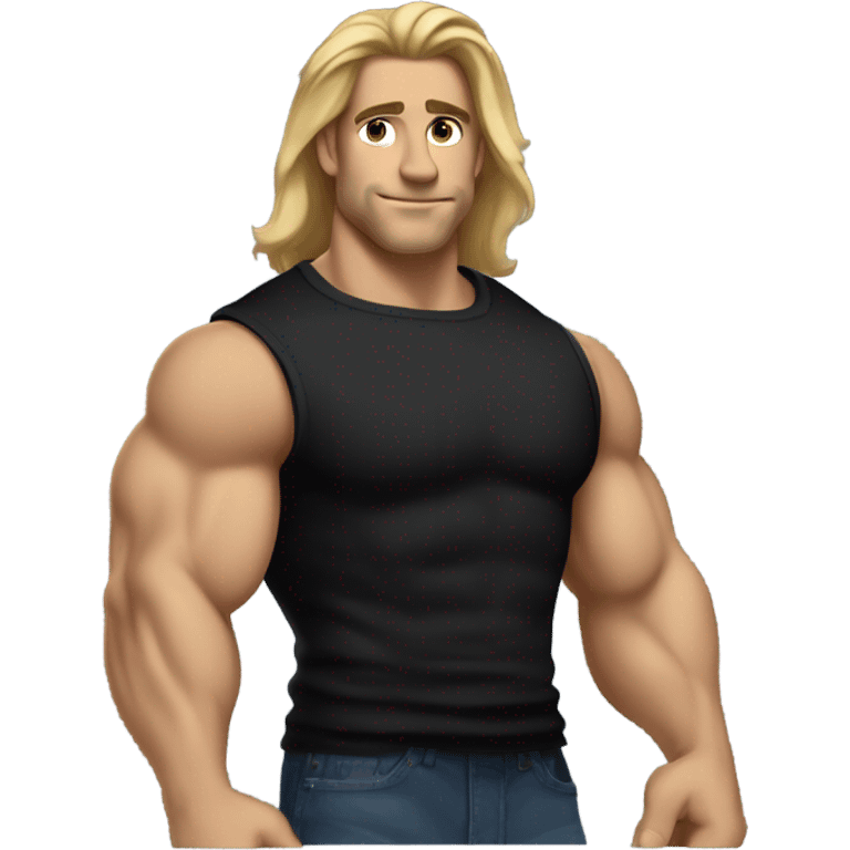 Muscular man with big biceps, dirty blonde straight hair brushed back, wearing a black sweater in a casual style, loves old-money aesthetic.” emoji