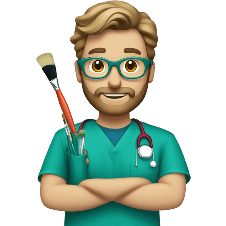 male dark blond with beard doctor with blue-green eyes and round tortoiseshell glasses in teal scrubs holding a paintbrush and a paint palette emoji