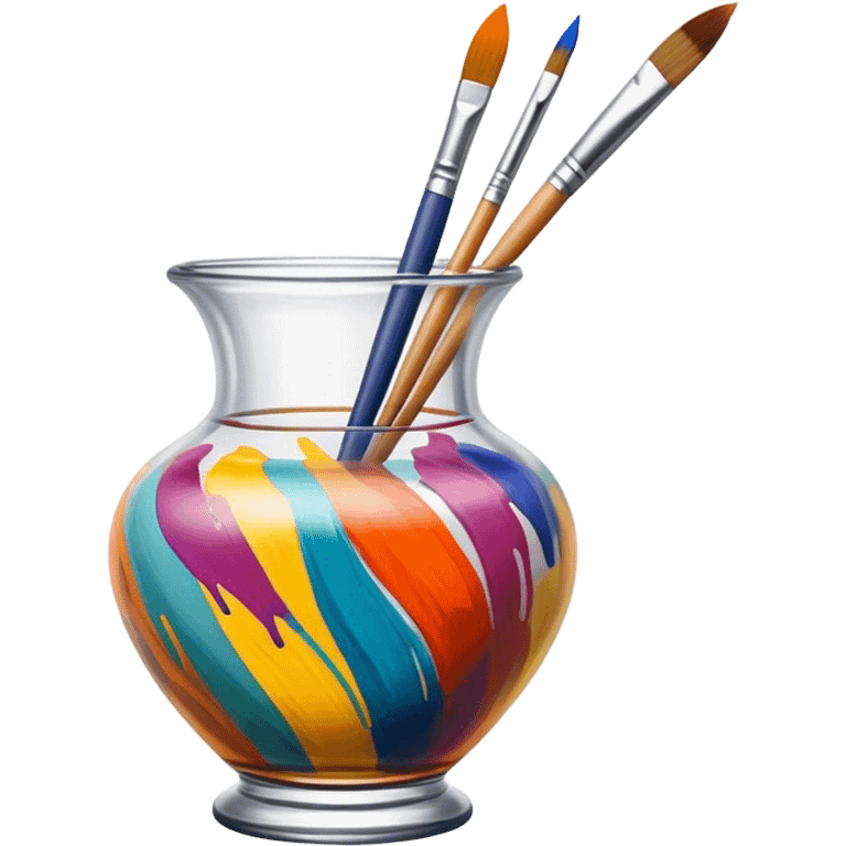 Glass painting icon, colorful brushstrokes on a glass vase, intricate painted patterns on the surface, visible fine paintbrush and palette beside it, no liquid inside the vase, minimalistic style, clean lines, transparent background. emoji