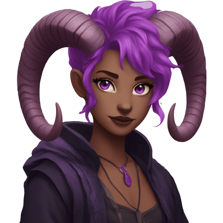 tiefling purple skin freckles  purple eyes black ram horns pink hair emoji