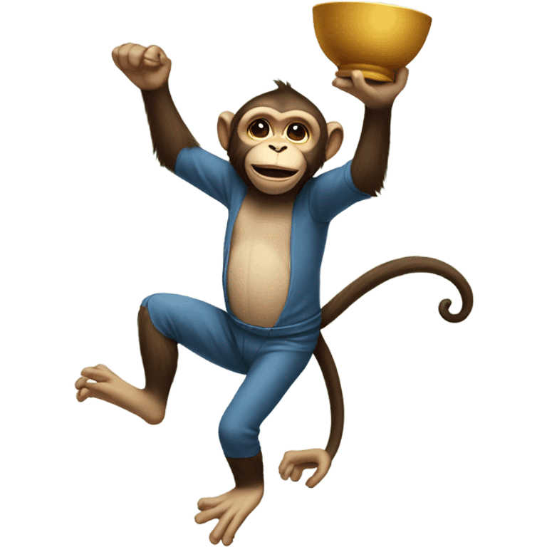 A monkey with in leg in the air and holding a bowl emoji