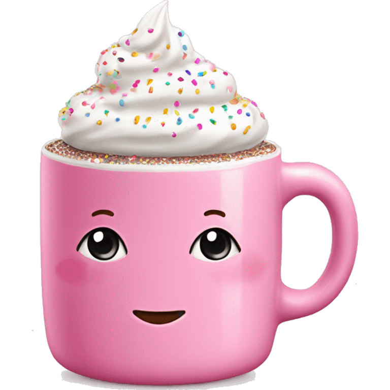 Glossy pink mug with hot chocolate and whipped cream on top with sprinkles  emoji