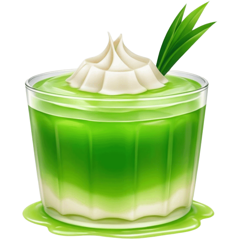 Cinematic Realistic Coconut Pandan Jelly Dessert Emoji, showcasing a delicate, translucent jelly infused with coconut and pandan rendered with lifelike detail and soft, tropical lighting. emoji