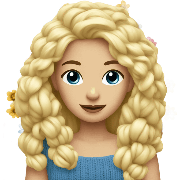 beautiful blonde woman with blue eyes knitting flowers emoji