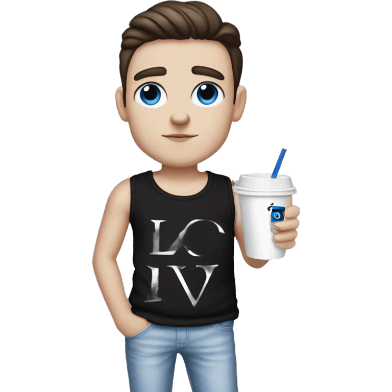 white boy with blues eyes and dark eyebrows wearing a black tanktop with dior written on it, he’s got a lv bag on his hand and a cup of iced coffe on the other emoji