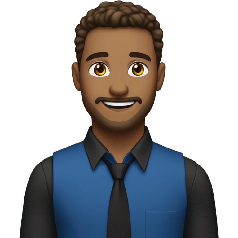 A man who looks about 25 years old, light-skinned with well-groomed brown hair and a slight goatee. He is wearing a blue shirt, a gold tie, and a black vest. He is smiling. emoji