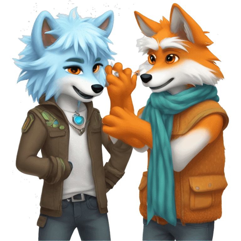 Male wolf furry getting patted on the head by a Male lizard-fox hybrid furry with orange fur interspersed with shimmering orange scales, lizard nose, icy blue eyes, white emo Hair emoji