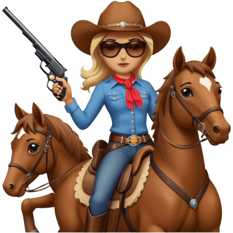 Cowgirl with sunglasses on riding a horse and holding a gun  emoji