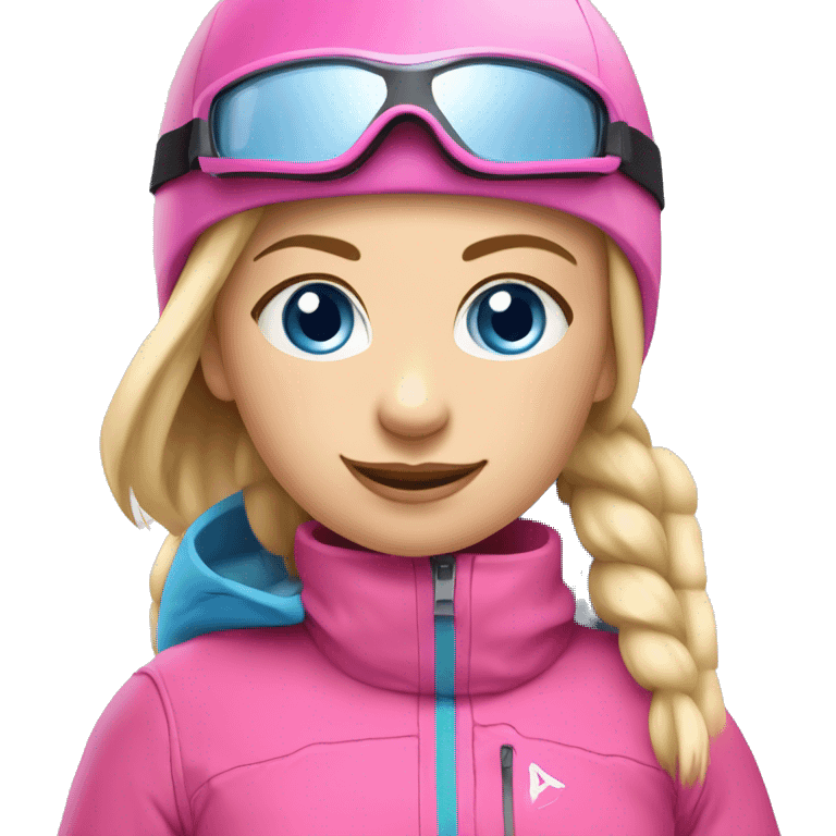 Skier girl with blonde hair in pony tail, blue eyes and pink gear show skis and legs  emoji