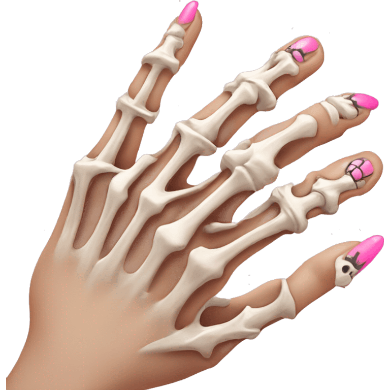 Pretty skeleton 5 fingers hand with pink nails manicure girly design but stylish minimalistic emoji