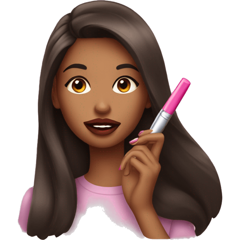 brunette girl putting lipgloss on her lips emoji