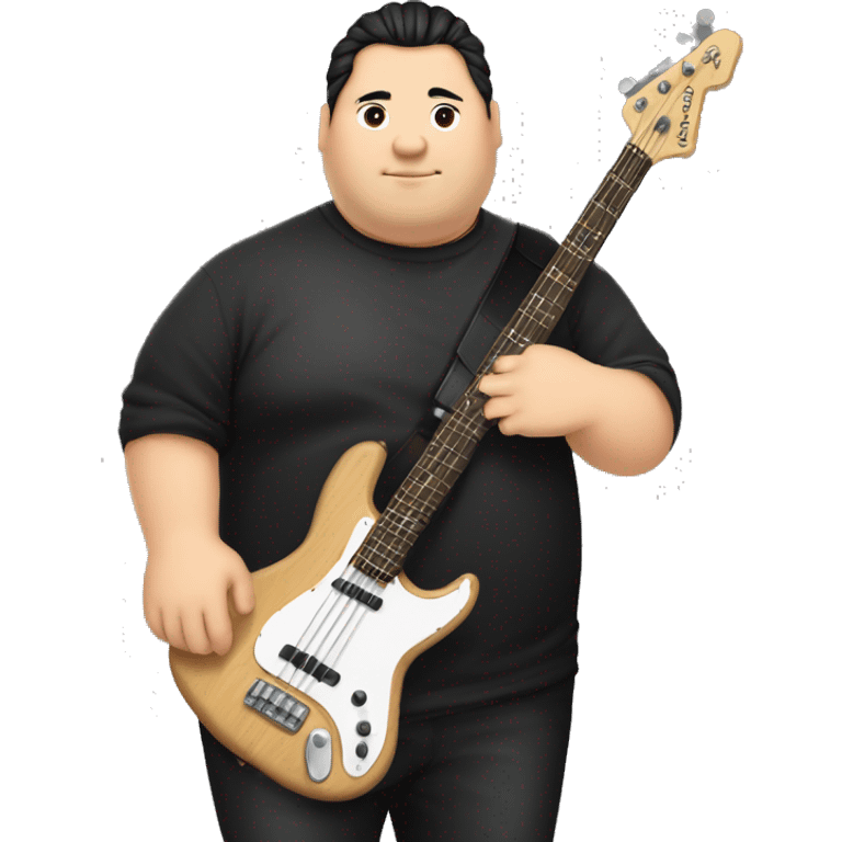 chubby chinese guy with fair skin, man bun, black shirt and bass guitar emoji