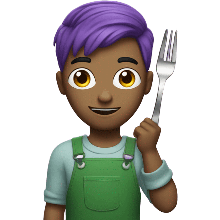 A man with purple hair and he is wearing a green jumpsuit with the number 230 on his jumpsuit. He also is holding up a fork emoji