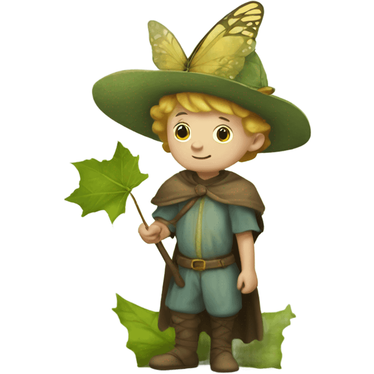 Medieval little whimsical boy who is pale and he has a leaf hat and is riding a butterfly emoji