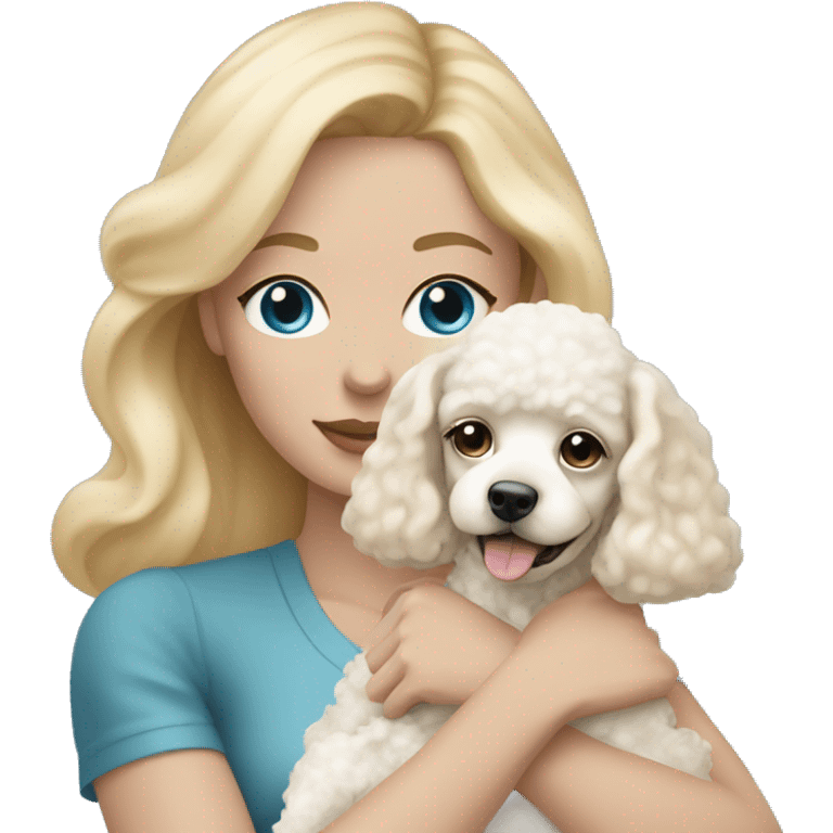 woman with  blonde straight hair and blue eyes is holding a cream poodle puppy emoji