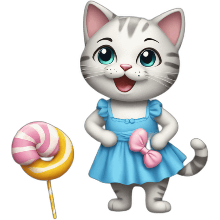 a cheerful cat in a blue dress with candy emoji