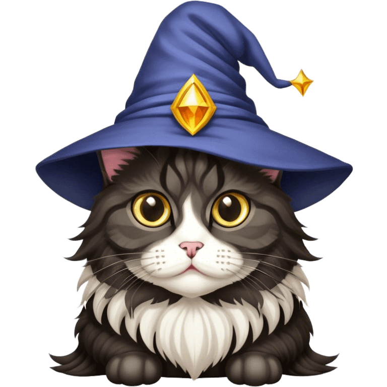 a black chubby maine coon cat with big eyes and a wizzard hat emoji