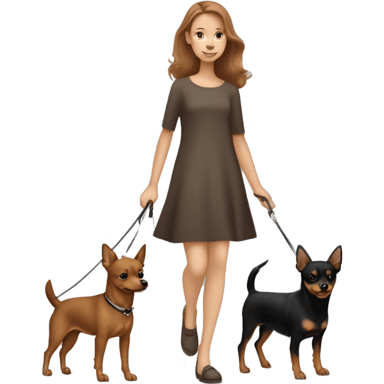 A light brown haired girl, walking one mini black and tan miniature Pinscher and one bigger, fluffy & light brown Spitz on the lead emoji