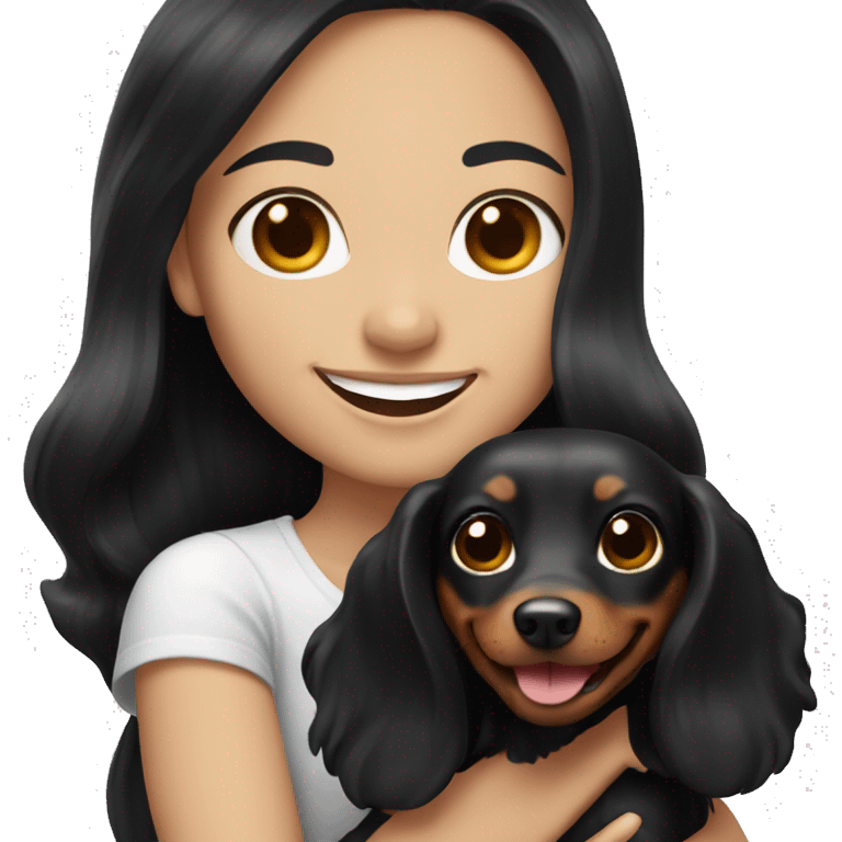 White girl with long black hair holding a dachshund and smiling emoji