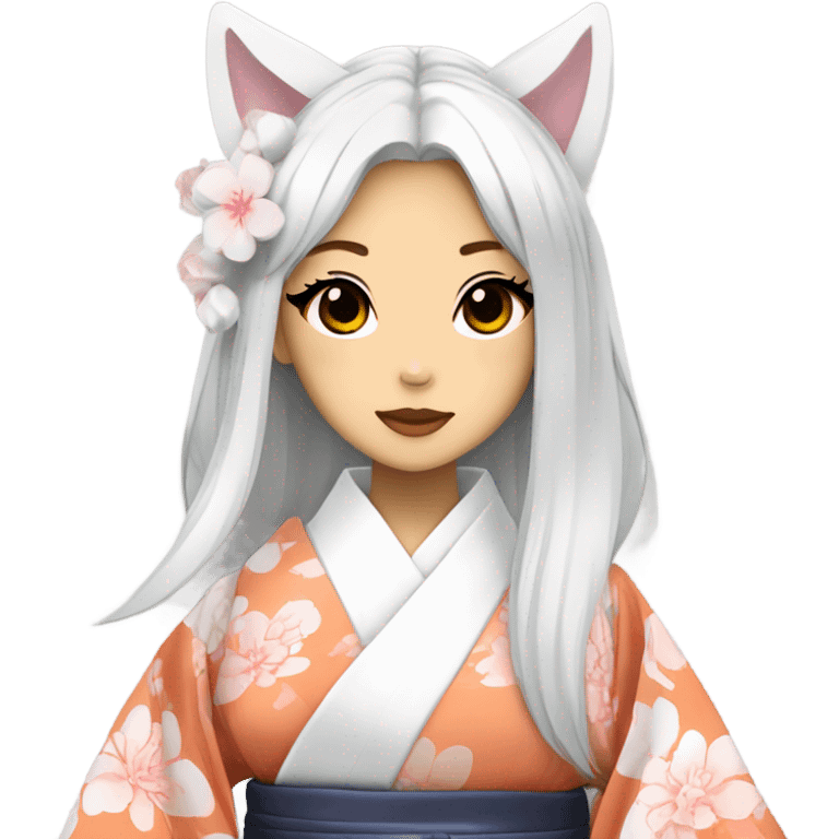 hime gyaru girl, kimono, white hair, kitsune mask emoji