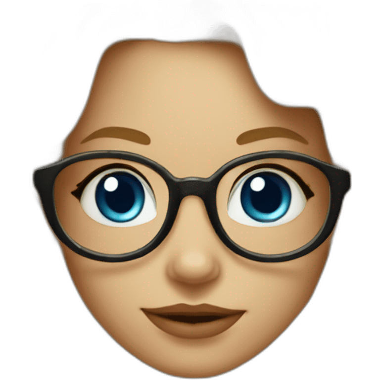 Blond girl with wavy hair, glasses, blue eyes, apple computer and arms tattoed emoji