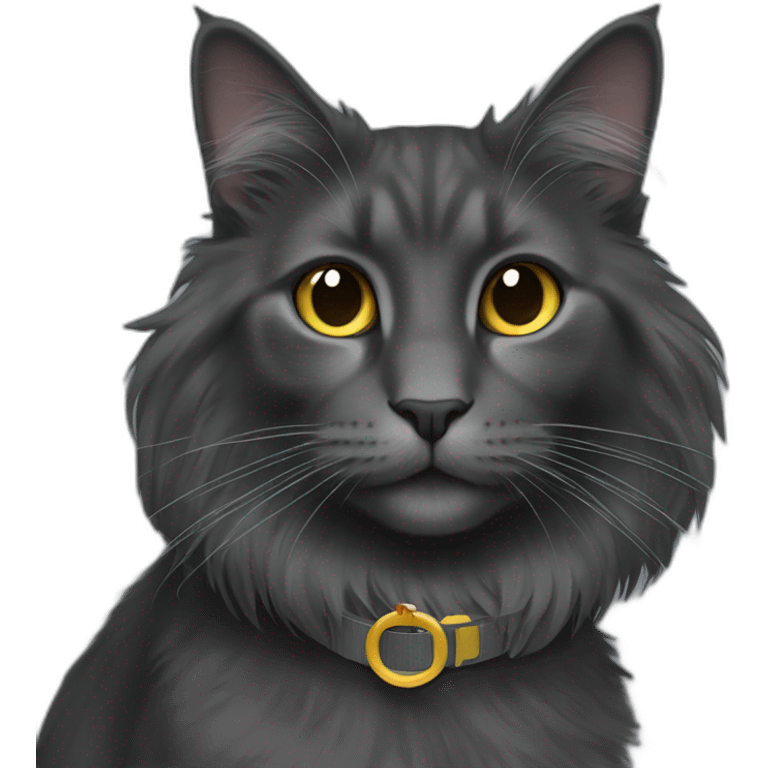 charcoal colored long haired cat with airtag collar emoji