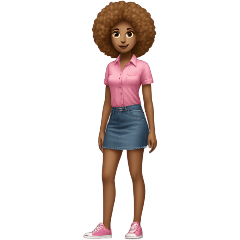 Tan girl with Afro posing full body jean skirt pink shirt emoji